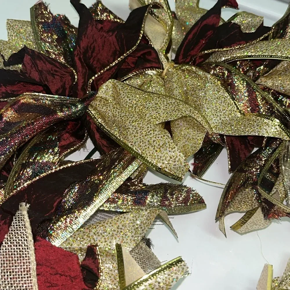 Handmade Dark Red Tan Gold Holiday Christmas Ribbon Twine Wreath Made on 12”